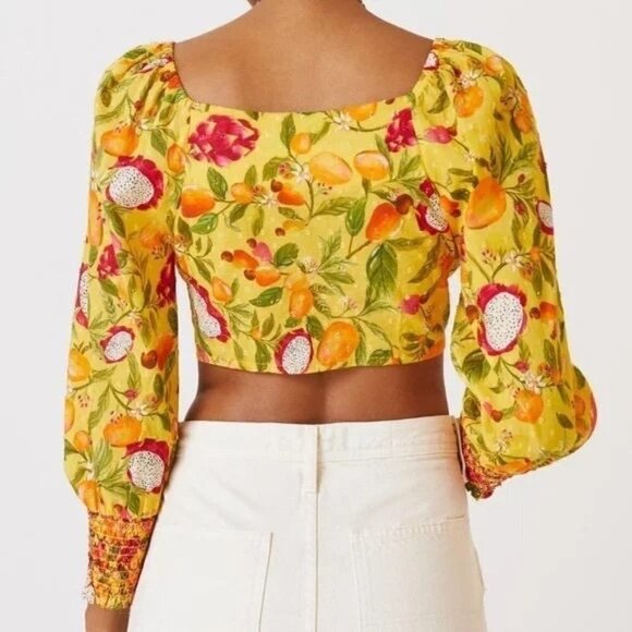 NWT Farm Rio Anthropologie Deep-V Tie-Waist Yellow Crop Top Size S Colorful - Picture 4 of 9